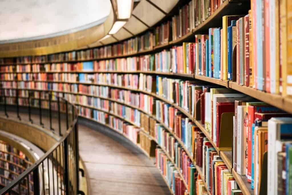 Bookshelf with a wide selection of books in a contemporary library setting.