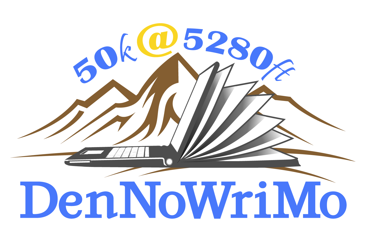 DenNoWriMo Logo with Mountains and Book Illustration DenNoWriMo logo featuring mountains and an open book with writing tools.
