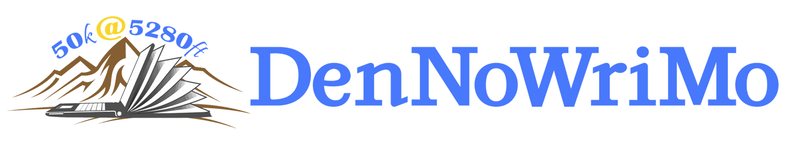 Creative writing challenge logo for DenNoWriMo event. DenNoWriMo logo featuring mountains, a train, and an open book.